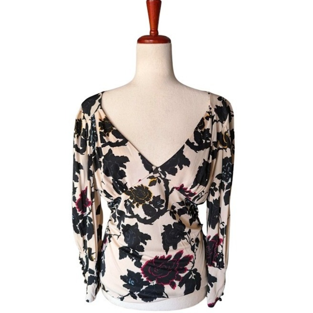Diane von Furstenberg Libren Floral V-Neck Ruched Viscose Blouse Cream Black M
